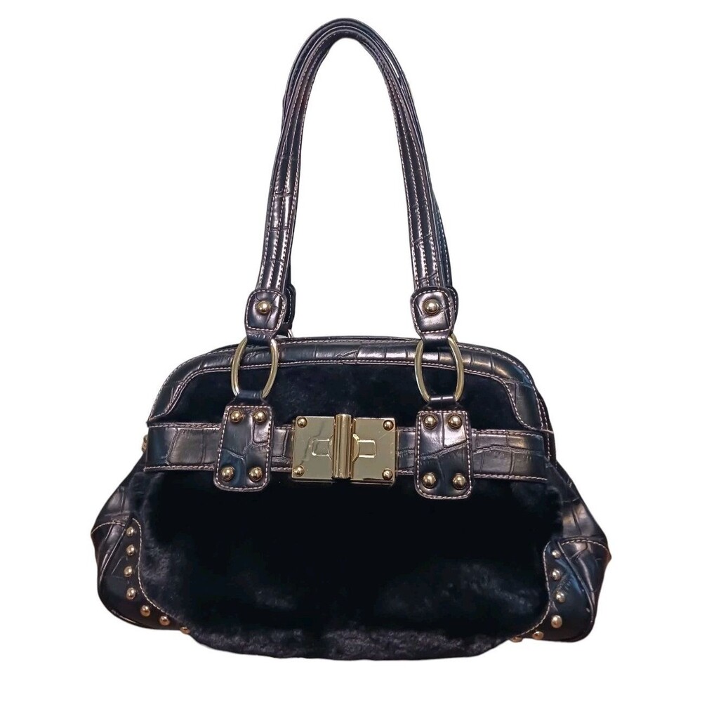 Y2K Kathy Van Zeeland Black Faux Fur & Gold Studded Glam Handbag Croc Embossed
